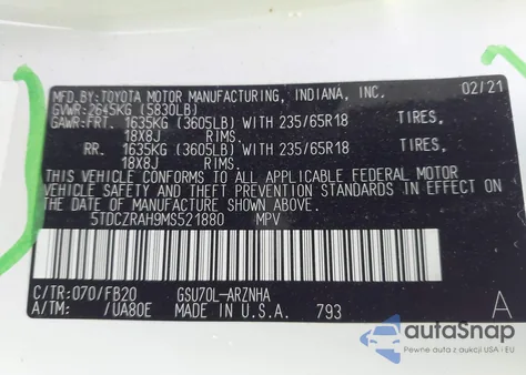 2021 Toyota Highlander L from USA, damaged, VIN 5TDCZRAH9MS521880